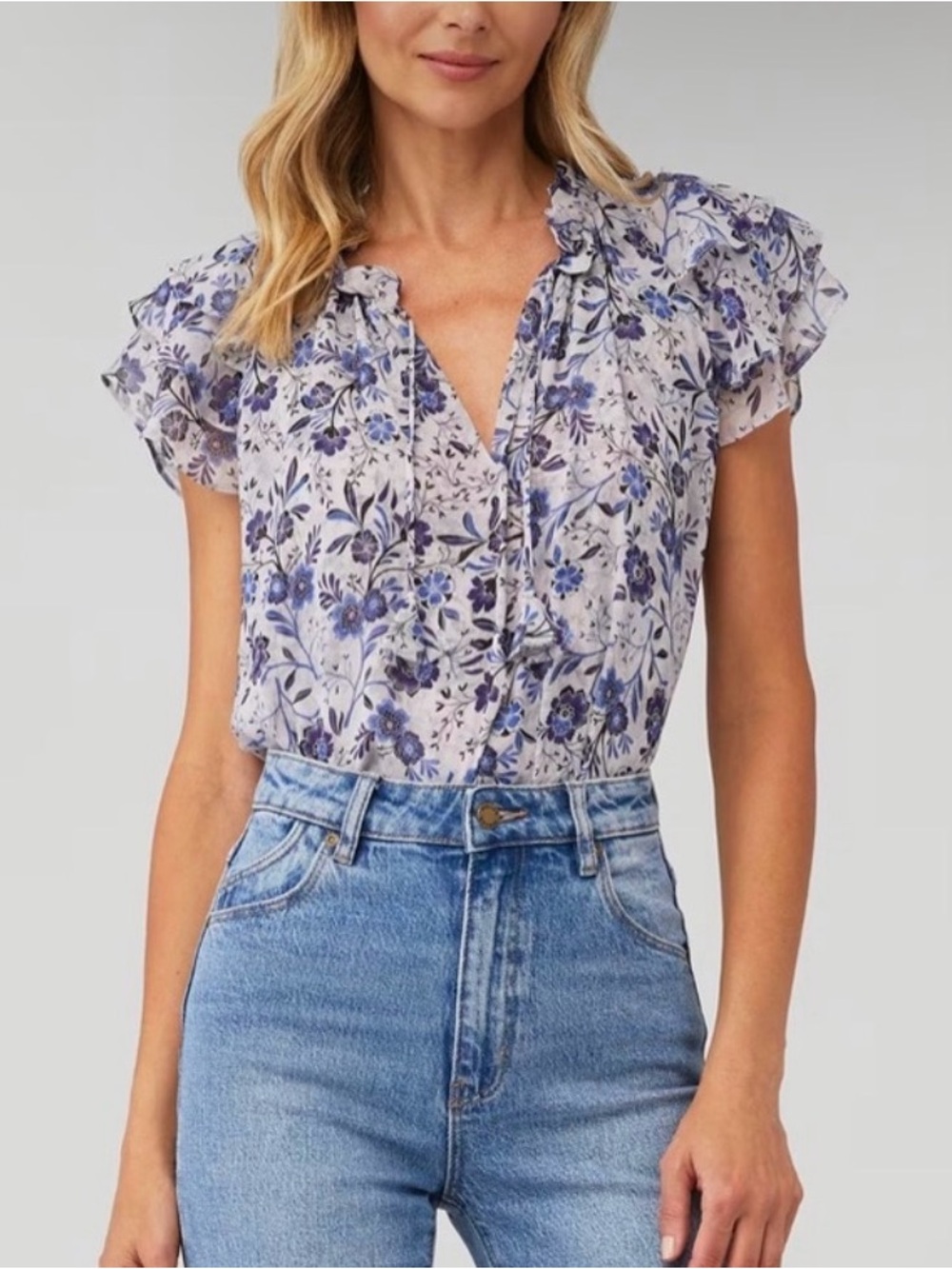 MISA Los Angeles Maria Floral Ruffle Sleeve V-Neck Blouse R8